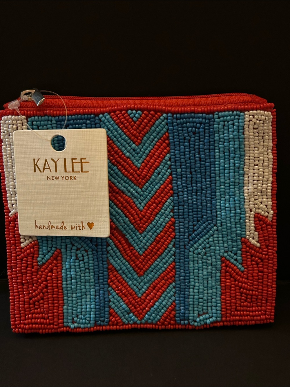 Kay Lee New York Red & Blue Hand-Beaded Zip Top Wallet Clutch Card Holder Case